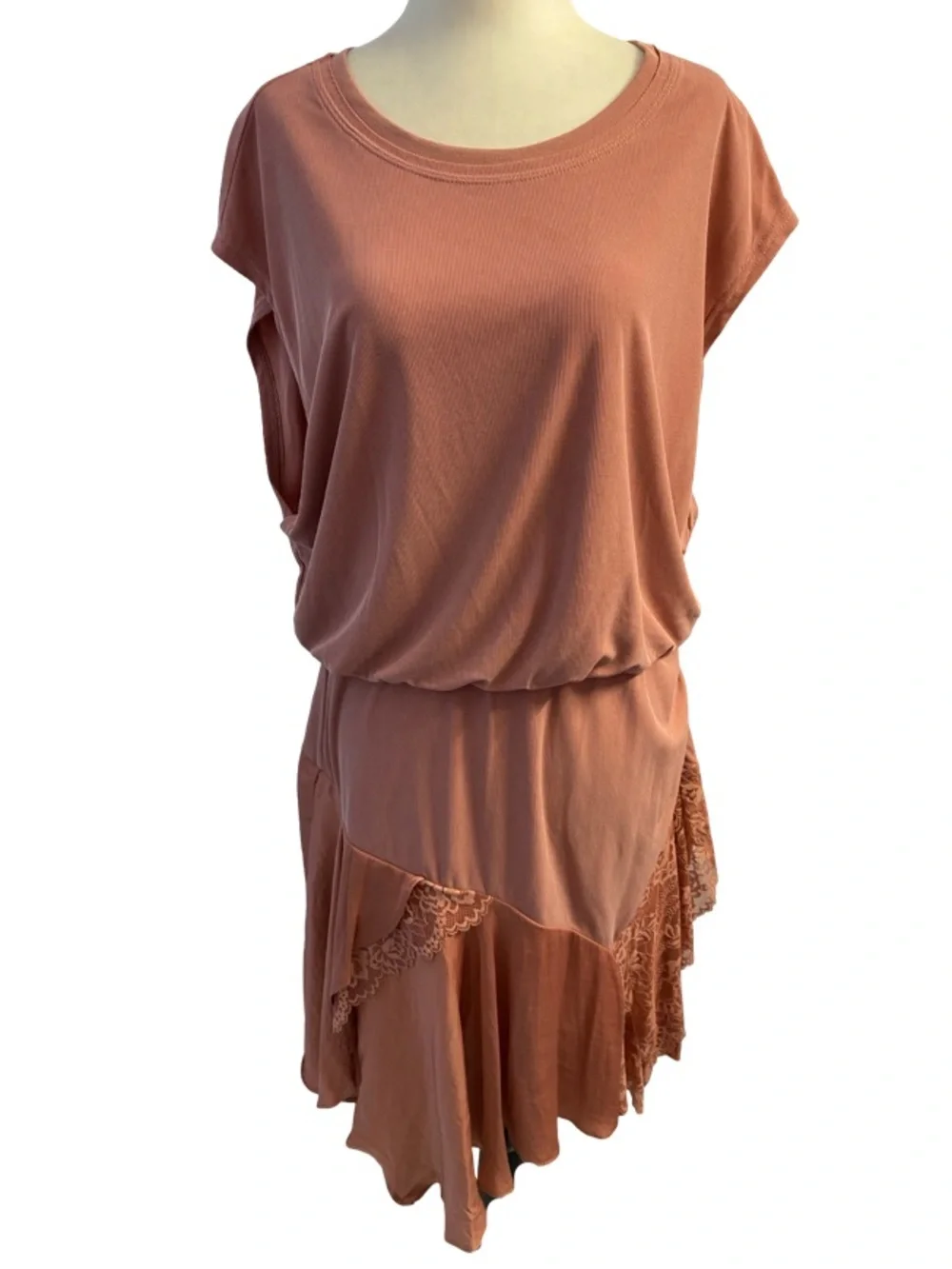 Free People Jazzy Mini Dress Rose Smoke Pink Lace Trim Boho Feminine Size XL - Picture 10 of 17